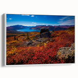 Vintage poster art of Yukon scenery on a framed canvas, featuring colorful art in extra large size, ideal for living room.