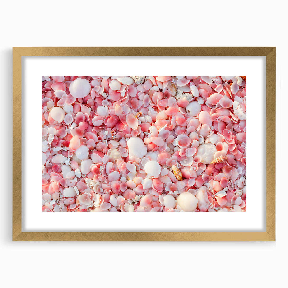Abstract art print of a Caribbean scenery in muted blue and green tones, framed in gold, ideal for dining room decor.