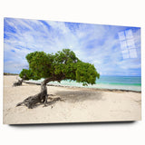 Large abstract wall art depicting a Caribbean scenery in vibrant blue and green tones on acrylic glass.