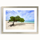 Extra large wall art featuring an abstract Caribbean Aruba scenery in textured silver frame, ideal for living room decor.