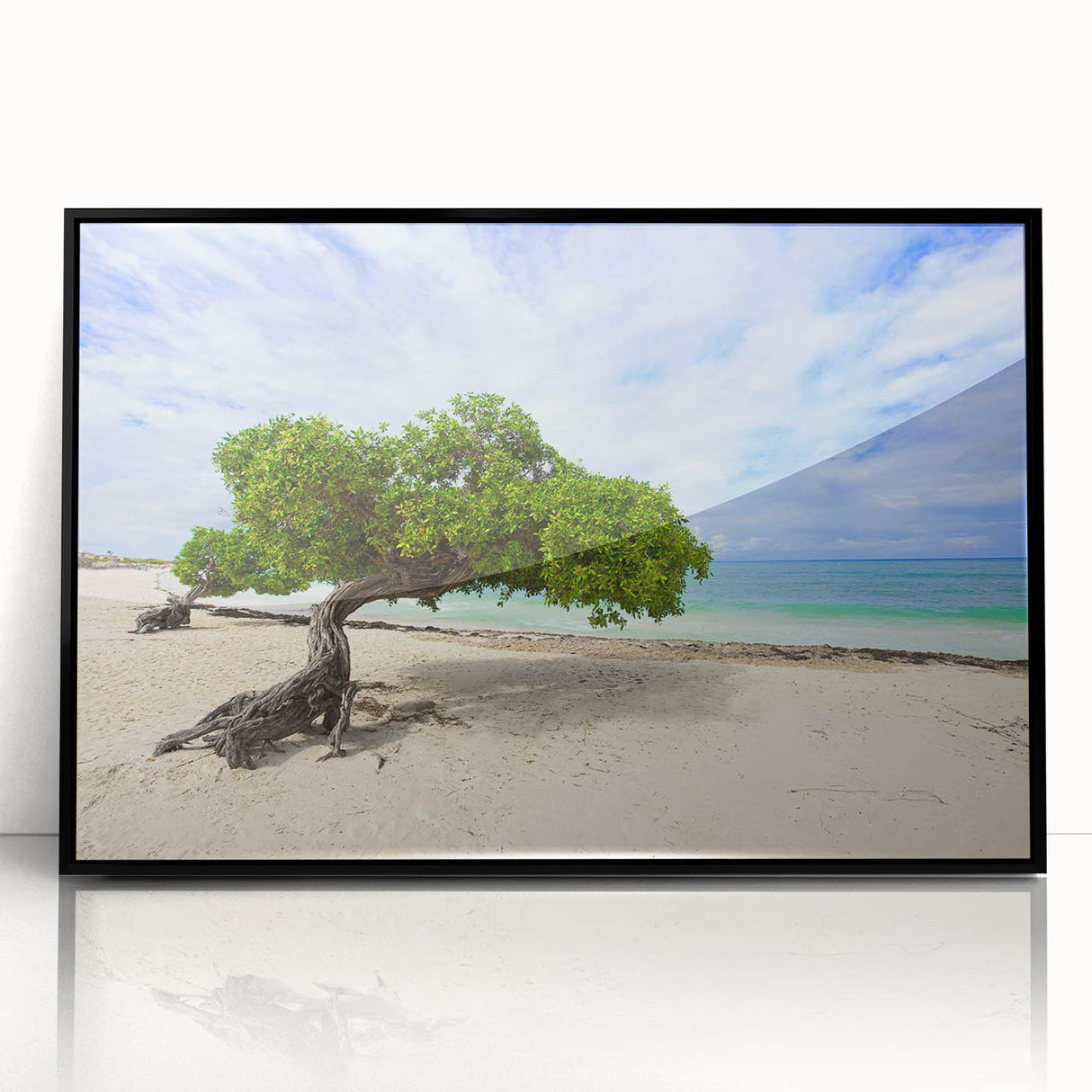 Large abstract wall art depicting the Caribbean Aruba scenery in vibrant blue and green hues, framed in black acrylic.