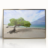 Art Deco-style poster of a Caribbean scenery in gold acrylic frame, ideal for adding a modern touch to nursery wall decor.