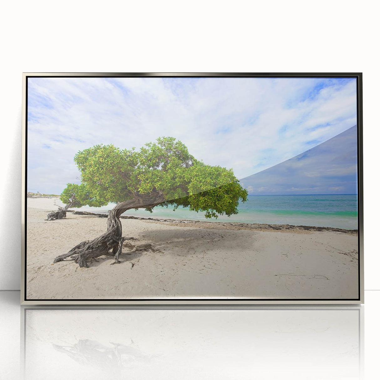 Large art print of a Caribbean Aruba scenery in muted blue and green tones, framed in silver acrylic.