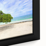 Close-up of a textured black wall art depicting vibrant Caribbean scenery on framed canvas, ideal for living room decor.