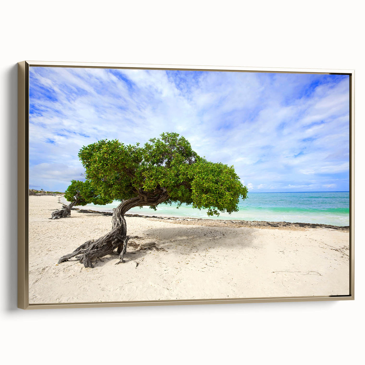 Framed canvas depicting a vintage-style Caribbean landscape in muted gold and black tones, ideal for bedroom wall decor.