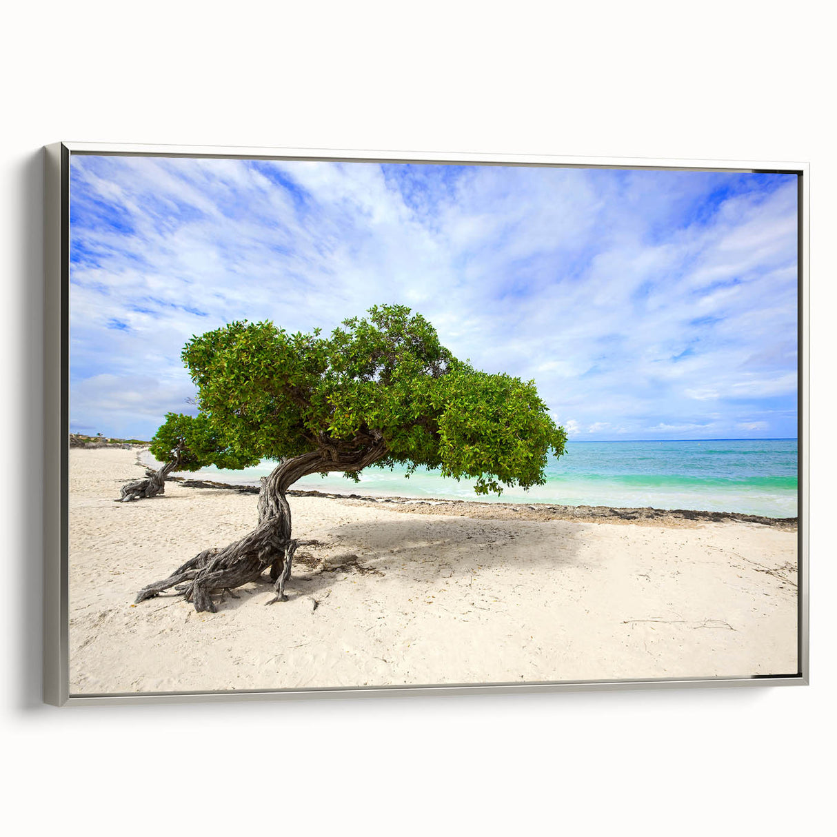 Framed canvas featuring a vintage-style landscape of the Caribbean in Aruba with vibrant blue and green tones.