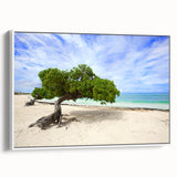 Vintage poster art of a Caribbean scenery on framed canvas, featuring vibrant colors, ideal for living room decor.