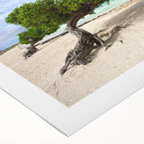 Art deco poster of a Caribbean Aruba scenery in vibrant blue and green tones on rolled canvas.