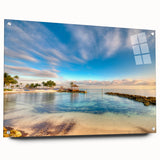 Acrylic print of a Caribbean scenery, using cool blue and green tones, suited for bedroom or dining room decor.