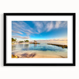 Extra large, colorful abstract art print of Caribbean scenery on a textured canvas, framed in black.