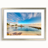 Extra large textured abstract art print of Caribbean scenery, in a silver frame with mat, suitable for living room decor.