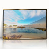 Mid-century modernist acrylic print of a Caribbean scenery framed in gold, suitable for nursery wall decor.