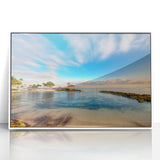 Mid-century modernist style large art print of a Caribbean Bahamas scenery on white framed acrylic.