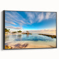 Framed canvas of a black and white Caribbean landscape, ideal for bedroom wall art.
