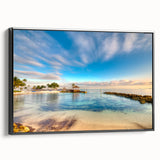 Framed canvas of a black and white Caribbean landscape, ideal for bedroom wall art.