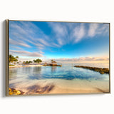 Framed canvas wall art featuring a vintage-style landscape of the Caribbean Bahamas in gold and black tones.