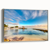 Framed canvas of a vintage-style Caribbean landscape painting, featuring vibrant blues and greens.