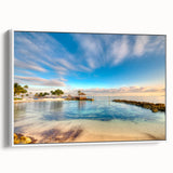 Vintage poster art of a Caribbean scenery on a framed canvas, featuring vibrant colorful art, ideal for living room decor.