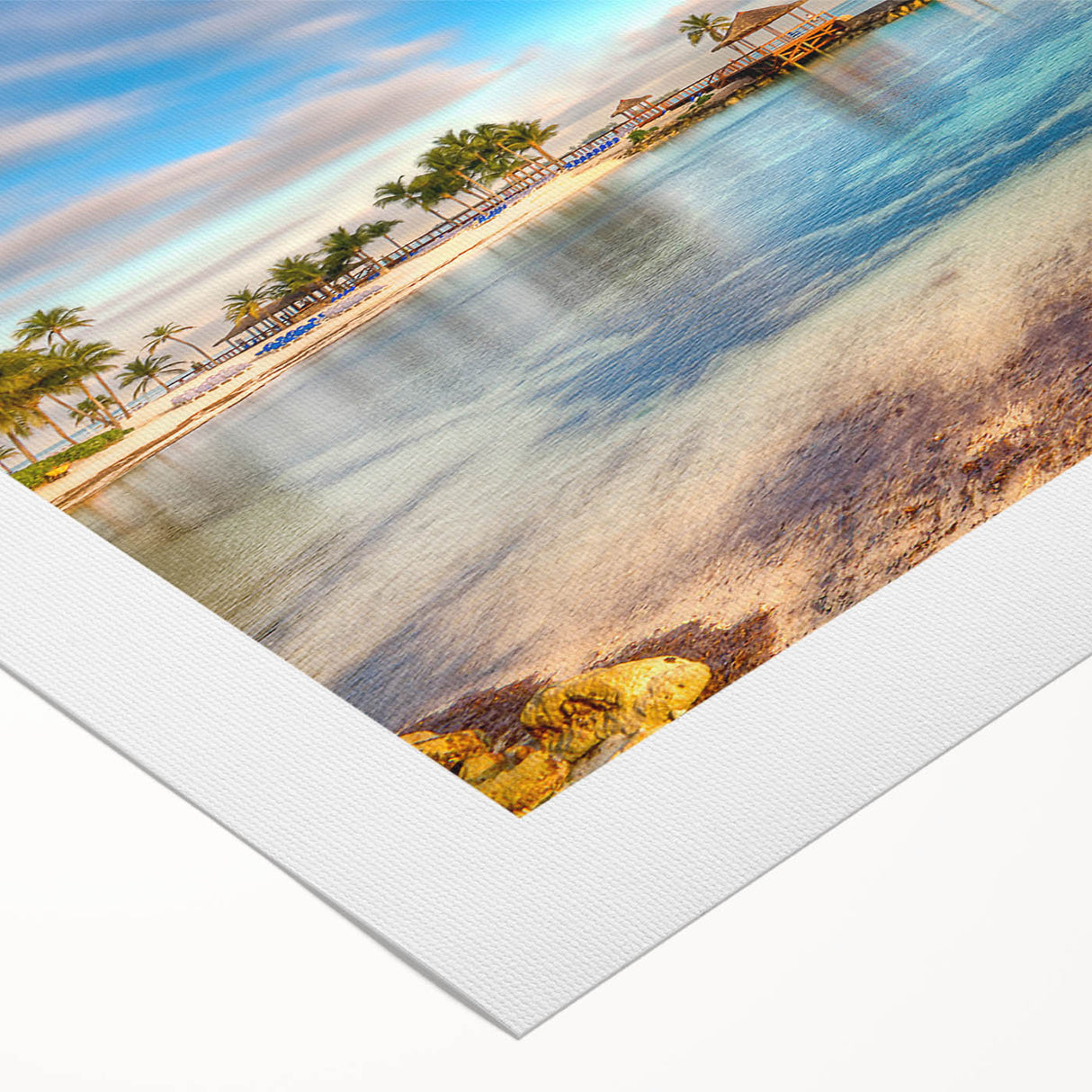 Art deco poster of a Caribbean Bahamas scenery in pastel shades on rolled canvas, ideal for dining room wall art.