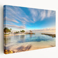 Large canvas print of a Caribbean beach scene in vibrant blue and turquoise tones, ideal for kitchen wall art.