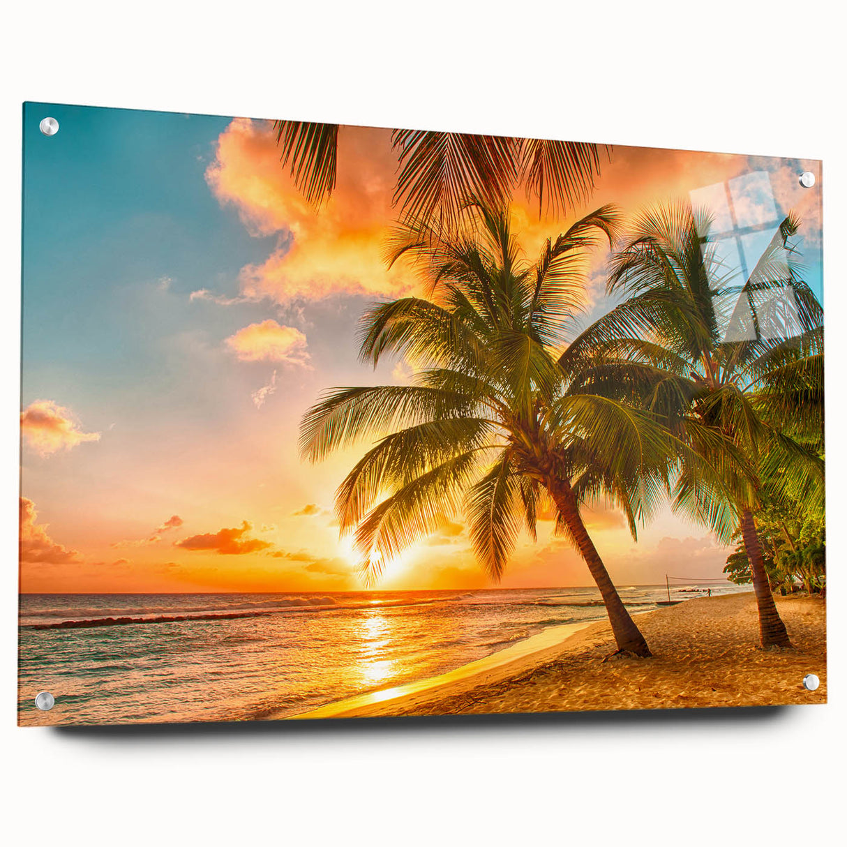Acrylic print of a Caribbean scenery with vibrant blue and green tones, ideal for dining room decor.