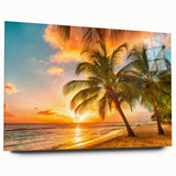 Large abstract wall art of Caribbean scenery in vibrant blue and green tones on acrylic glass.