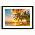 Extra large abstract art print of a colorful Caribbean scenery on textured canvas, framed in black.