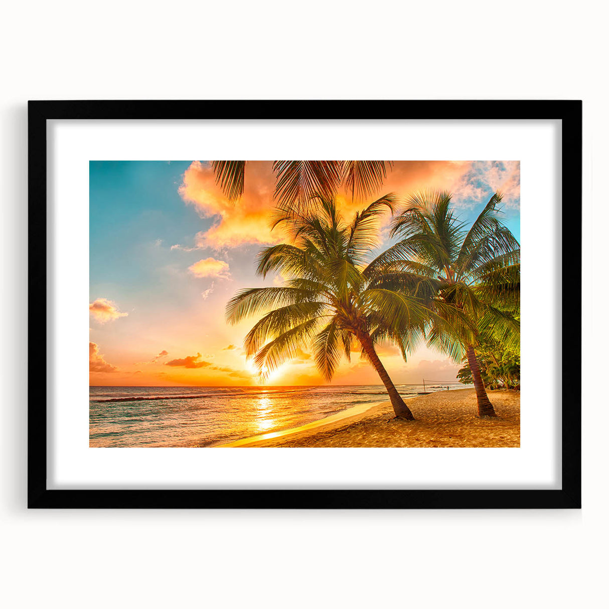 Extra large abstract art print of a colorful Caribbean scenery on textured canvas, framed in black.