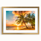 Abstract art print of a Caribbean scenery in muted blue and green tones, framed in gold, suitable for dining room decor.