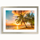 Extra large abstract art print of a Caribbean scene in muted blues and greens, framed in silver, ideal for living room decor.