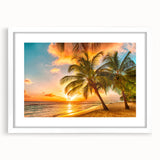 Textured abstract art print of a Caribbean scenery in white frame, ideal for bedroom wall decor.