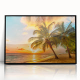 Large abstract wall art of a Caribbean scene in mid-century modernist style, framed in black acrylic.