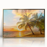 Art deco poster of a Caribbean scenery in Barbados with vivid blues and greens, acrylic print framed in gold.