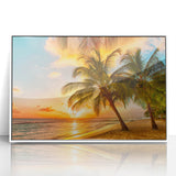 Mid-century modernist art of a Caribbean beach scene in pastel shades, framed acrylic print ideal for nursery wall art.