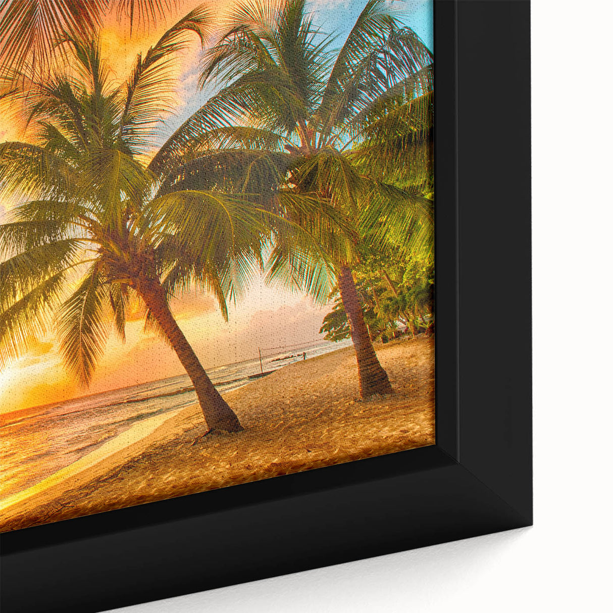 Extra large framed canvas of a Caribbean Barbados scenery in black with colorful, textured art, ideal for living room decor.