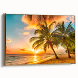 Vintage poster art of Caribbean scenery on framed canvas, featuring vibrant colors and gold accents.
