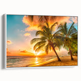 Framed canvas painting of a vibrant Caribbean landscape, ideal for living room decor.