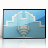 Large abstract wall art featuring Caribbean scenery in muted blue and green tones on a black framed acrylic.