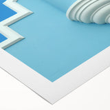 Art deco poster of a Caribbean scenery, featuring teal and coral hues on a rolled canvas, suitable for dining room wall art.