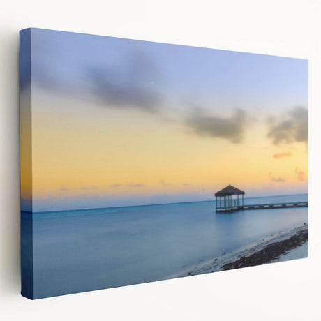 Large art depicting a serene Caribbean beach on stretched canvas, with soft blue and sandy hues, ideal for kitchen wall art.