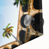 Large abstract wall art of a Caribbean scene in vibrant blue and green tones on acrylic glass.