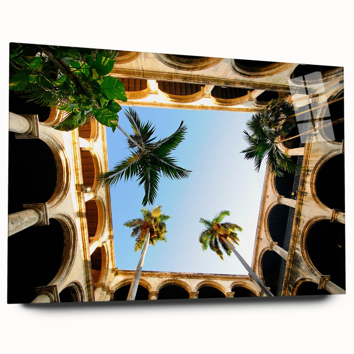 Acrylic print of a large abstract Caribbean scenery, featuring vibrant blue and green tones.