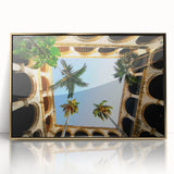 Acrylic print of a Caribbean Cuban landscape in art deco style with gold frame, ideal for modern art wall decor.