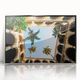 Large art print of a Caribbean scenery on silver-framed acrylic, featuring mid-century modernist style.