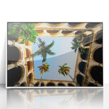 Mid-century modernist art depicting a Caribbean scene on a white framed acrylic, featuring vibrant blue and green tones.