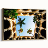Framed canvas featuring a vintage-style Caribbean landscape with muted gold and black tones, ideal for bedroom wall decor.