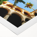 Art deco poster of a Caribbean Cuban scenery in vibrant blues and greens on rolled canvas, suitable for dining room wall art.