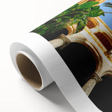 Art deco poster featuring a vintage Caribbean scene in muted pastel tones on rolled canvas, suitable for dining room decor.