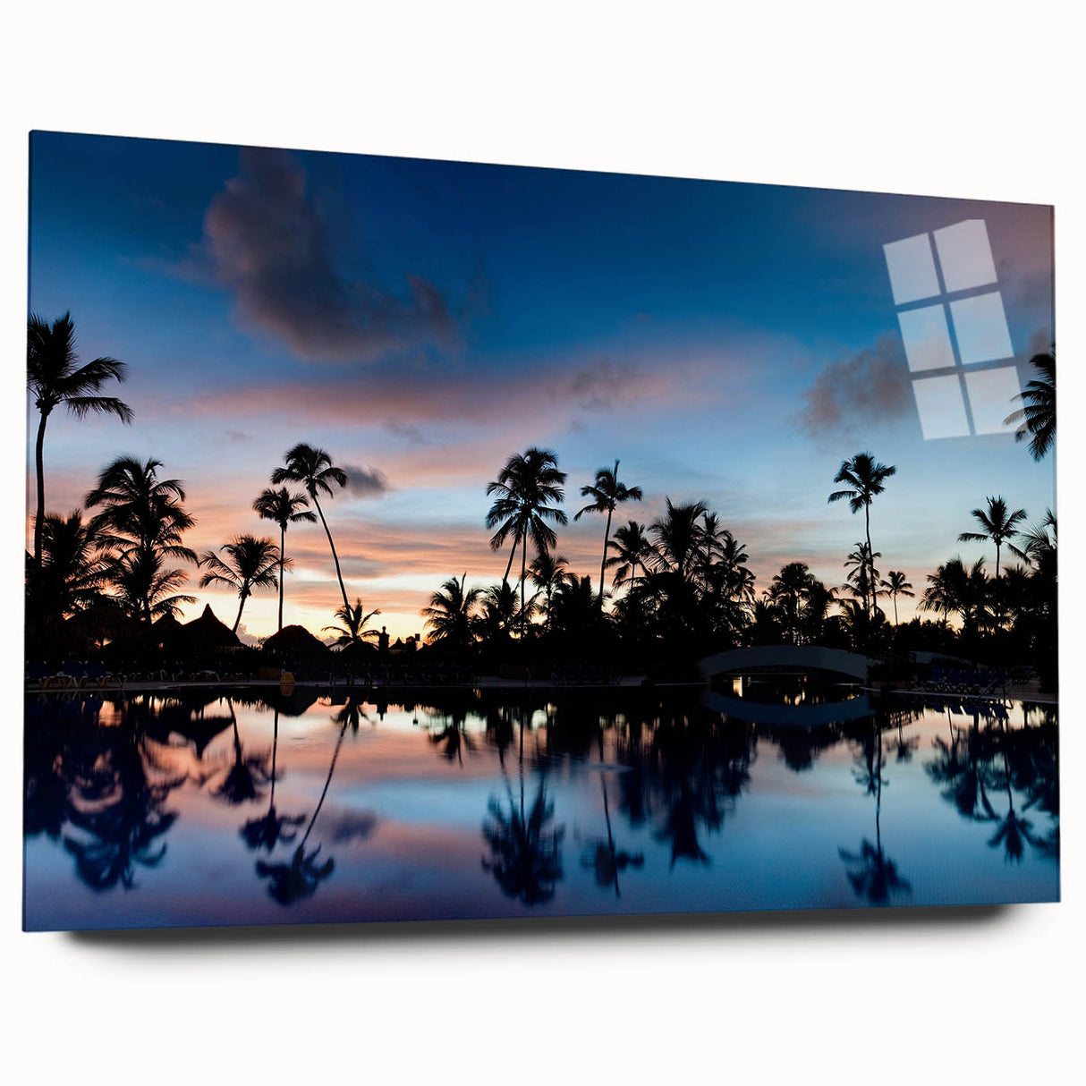 Large abstract wall art on acrylic glass depicting a Caribbean scene, using vibrant blue and green tones.