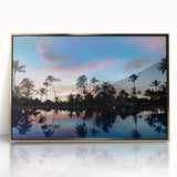 Mid-century modernist art depicting a Caribbean Haitian landscape on a gold-framed acrylic, ideal for nursery wall art.